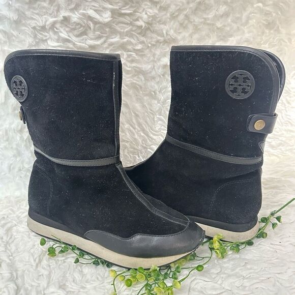 Tory‎ Burch Black Suede Shearling Lined Mid Calf Snow Winter Boots size 6.5 - Picture 1 of 12